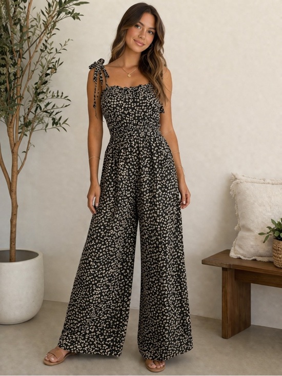 miami Pants - miami Black Floral Tie-Shoulder Wide Leg Jumpsuit
